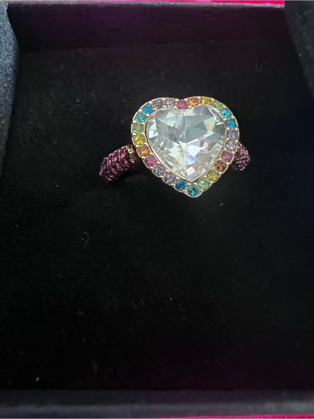 Kurt Geiger Heart Crystal Ring with Rainbow Halo and Pink Band